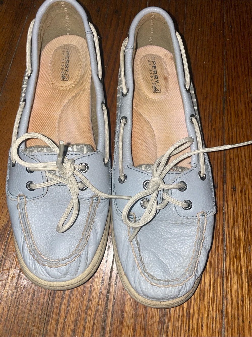 Sperry Pale Blue Leather Boat Shoes with Cream Laces size 8.5